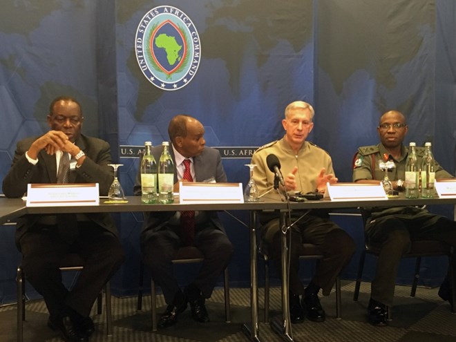 U.S. Africa Command's Gen. Thomas Waldhauser discusses security challenges in Africa during a meeting of defense chiefs on Thursday, April 20, 2017. AFRICOM invited about 40 chiefs of defense from Africa to Stuttgart, Germany, for two days of talks that ended Thursday.